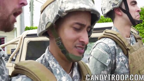 Military guys in an interracial outdoor gay orgy