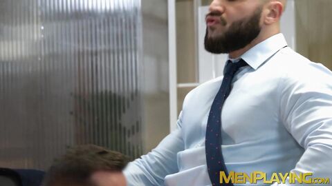 Businessmen stain their office table and equipment with cum