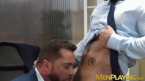 Businessmen stain their office table and equipment with cum
