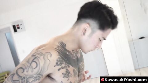KawasakiYoshi.com - Tattooed Yoshi Kawasaki jerking off and playing with his hard nip