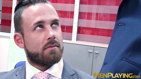 Bearded businessman Logan Moore fucked raw after hot blowjob