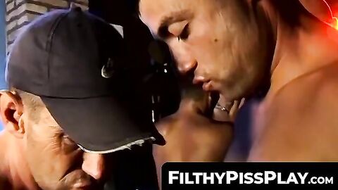 FilthyPissPlay.com - Perverted gay men enjoy piss kiss fuck session in dark dungeon