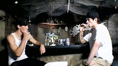 Smoke buddies Ian Madrox and Evan Heinze jerked their gigantic cock while smoking