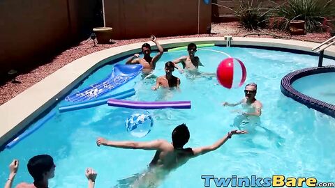 Twinks fool around in the pool before bareback orgy
