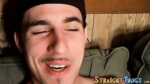 Straight thug masturbates with buddies and takes facial cum