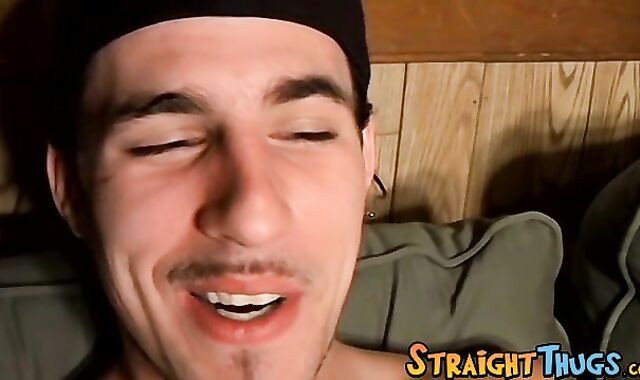 Straight thug masturbates with buddies and takes facial cum