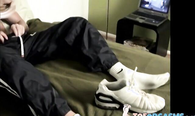 Sexy Gregory shows great foot fun while stroking his hot juices out