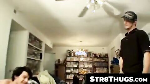 Str8Thugs.com - Three horny dudes meet up for a group cock stroking and cum shot fest