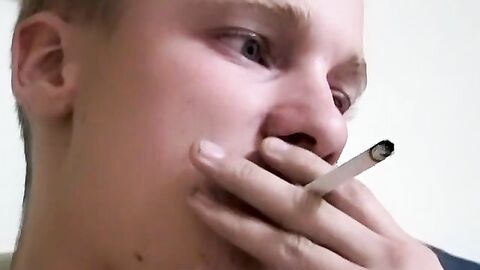 Solo jerking and cum showering while smoking by young Jason