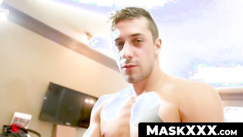 MaskXXX.com - Tattooed ripped stud's hotel room jerk off session goes wild