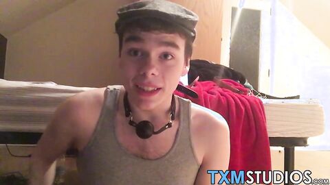 Young amateur rides big dildo while stroking his hard dick