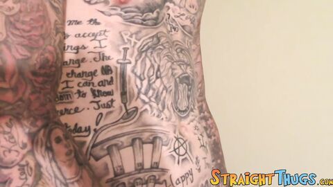 Slim inked guy Lil Red needs to shoot his cum loads out of his balls