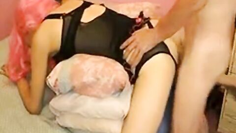 Pink-Haired Crossdresser Takes a Huge Cock Bareback