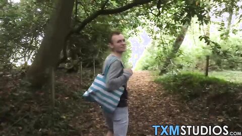 Amateur goes to the woods to ride a dildo while jerking off