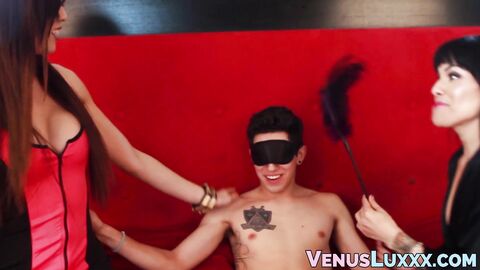 Juicy tits Asian tranny Venus Lux gets sticky facial in 3way