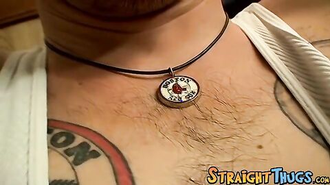 Inked straight amateur playing with his big hairy cock