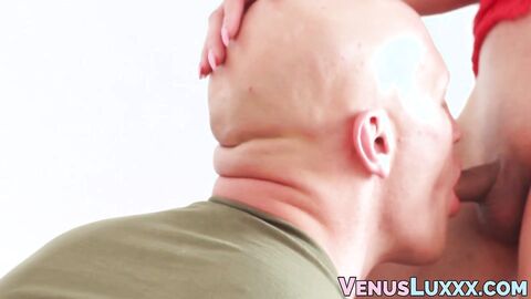 Big tits tranny Venus Lux ass drilling bald muscular hunk