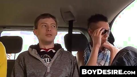 BoyDesire.com - Horny studs' hot threesome fuck in a tight car space