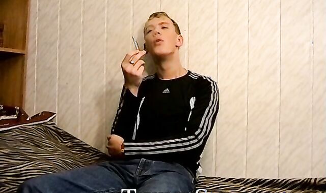 Sweet Roma pulled out his dick and massaged it passionately for his solo smoking sess
