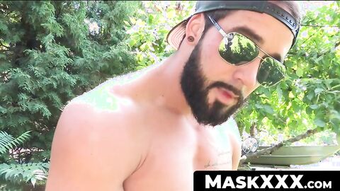 MaskXXX.com - Zack's bearded muscular biker persona gets wild outdoors