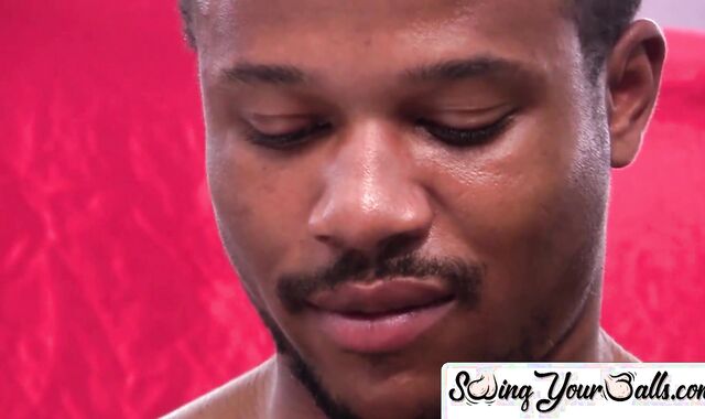 SwingYourBalls.com - Ebony stud shows off balls and squirts hot jizz