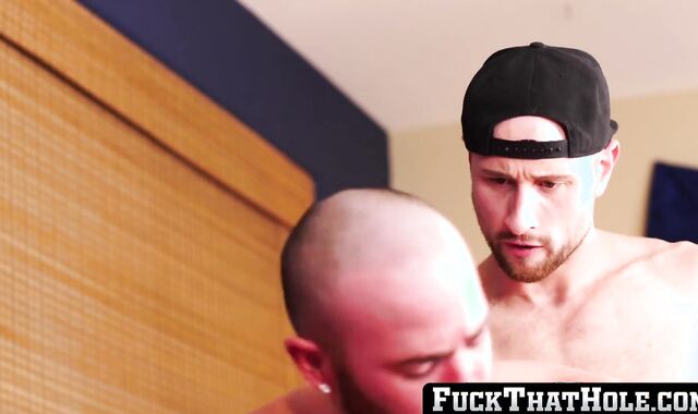 FuckThatHole.com - Bald bearded gay jock bends over to deep bareback butt bang his hu