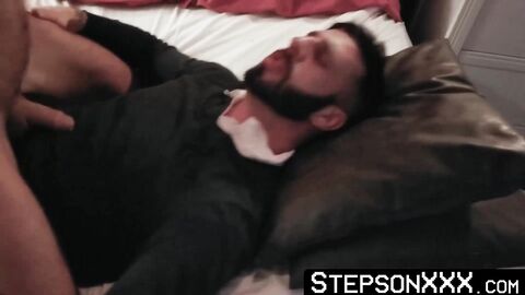 My bearded stepdad Romeo Davis grabs me and stuffs his cock in my wet mouth and ass
