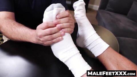 MaleFeetXXX.com - Hunky Brad's sweaty socks sniffed and feet sucked by a hairy guy's