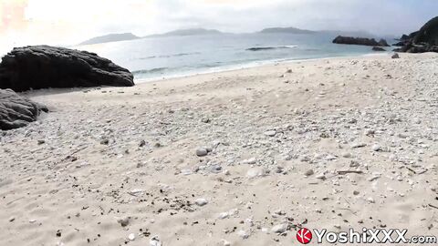 Naughty Japanese Yoshi Kawasaki tugs his cock and cums on the beach