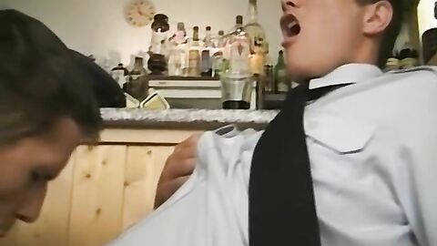 Navy twinks fucking and cumming in raw bar threesome