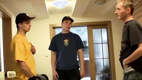 Handsome young men fool around before hard threeway pounding