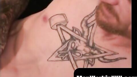 MenWorkinXXX.com - Tattooed amateur plays with his cock and makes it