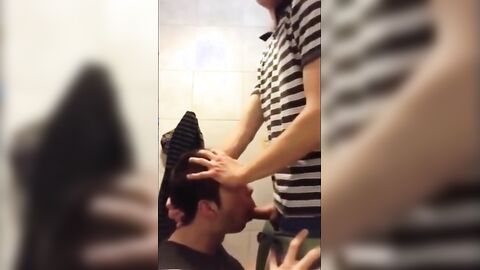 Twink Gets Face Fucked and Swallows Cum in University Bathroom