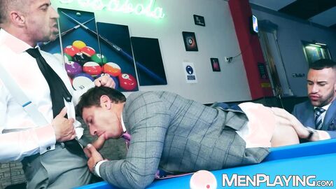 Suited men David Linset and Gustavo Cruz bareback with Steve Jouret