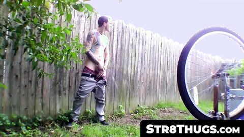 Str8Thugs.com - Tattooed Blinx's outdoor jerk off session with a nature-inspired cum