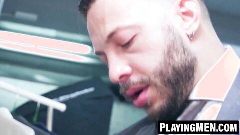 PlayingMen.com - John Brachalli's thick cock pounded by suited Javi Gray