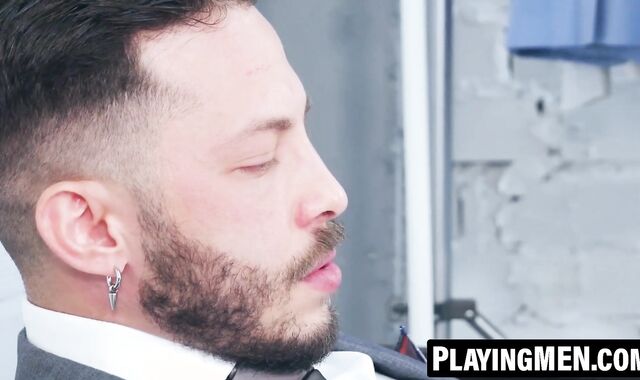 PlayingMen.com - John Brachalli's thick cock pounded by suited Javi Gray
