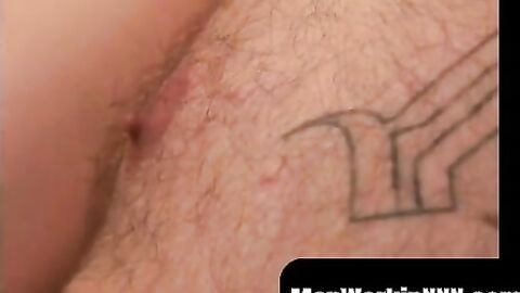 MenWorkinXXX.com - Inked homosexual man plays with his hairy dick and cums