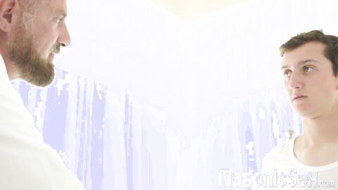 Petite twink apprentice Jack Andram inserts dildo while getting jerked by Felix Kamp