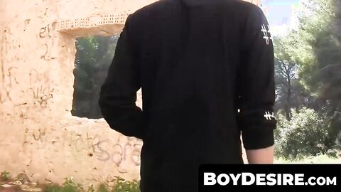 BoyDesire.com - Blond twink's open-air double dick feeding frenzy