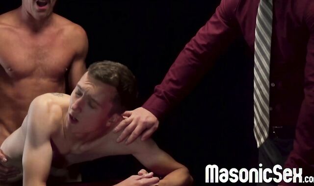 Cute twink Jack Andram get rimmed before two DILF masters drill him