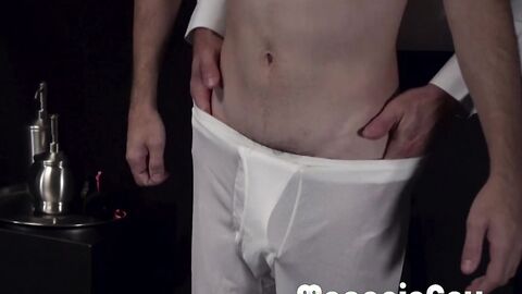 Attractive twink Marcus River rides monster dildos while watching 2 DILFs