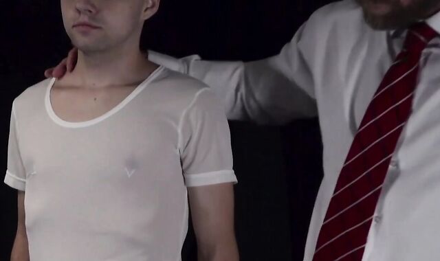 Attractive twink Marcus River rides monster dildos while watching 2 DILFs