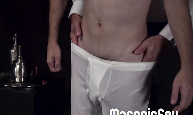 Attractive twink Marcus River rides monster dildos while watching 2 DILFs