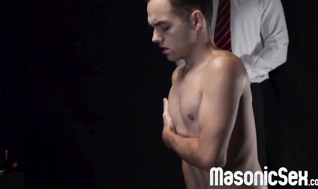 Attractive twink Marcus River rides monster dildos while watching 2 DILFs