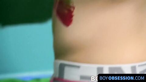 BoyObsession.com - Vibrant twink feet painted with cum from a blowjob