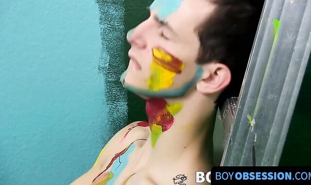 BoyObsession.com - Vibrant twink feet painted with cum from a blowjob