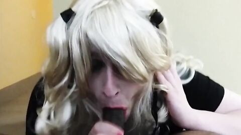 Sissy Crossdresser Takes on BBC for a Sloppy Blowjob
