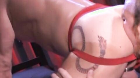 Aaron warms him up slowly but the action builds quickly. Soon Aaron is pumping deep,