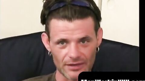 MenWorkinXXX.com - Bearded gay dude shows off tatts and strokes his dick solo